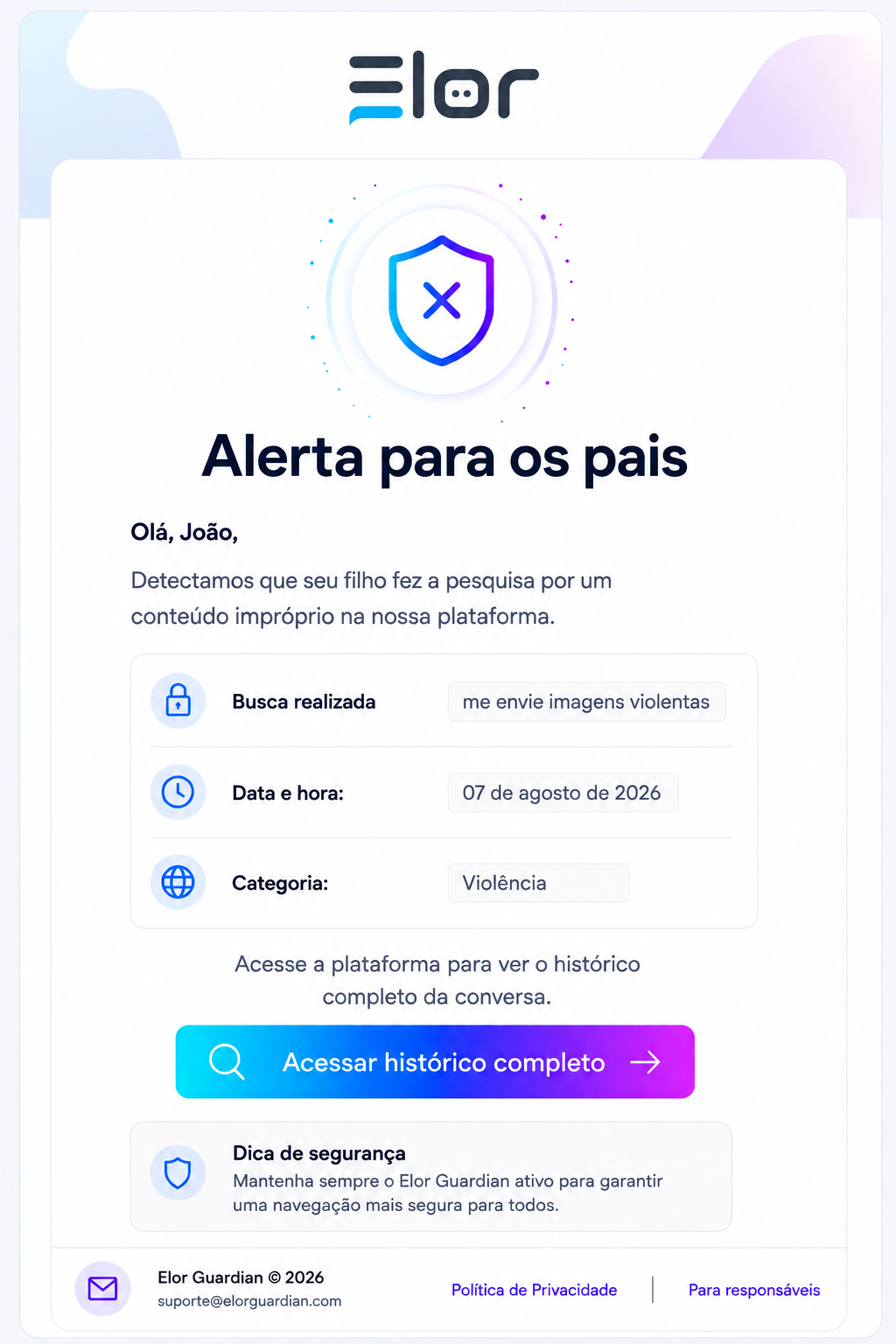 Exemplo de e-mail de alerta enviado aos responsáveis pela Elor Guardian